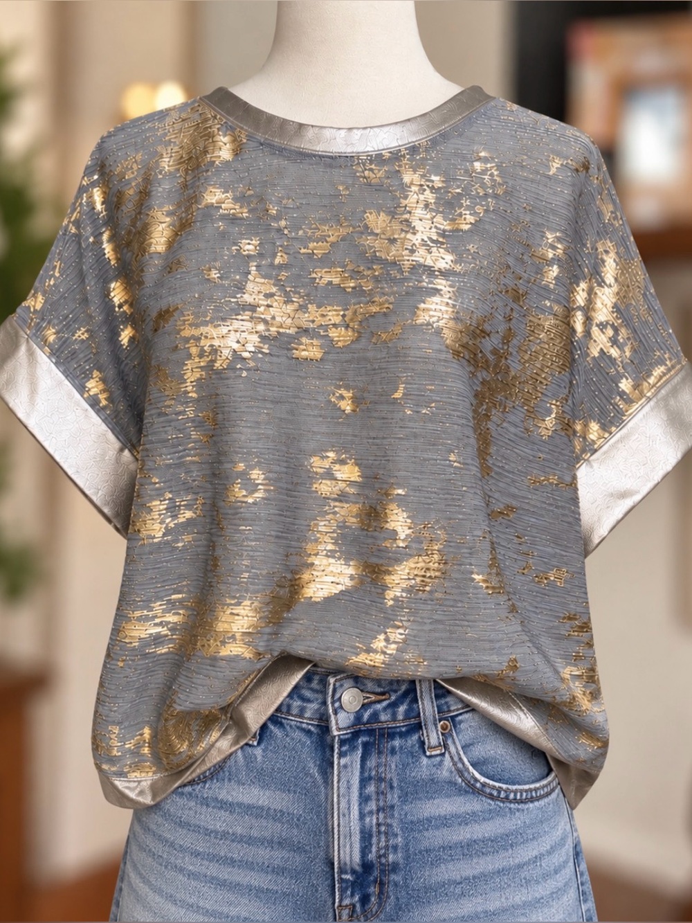 Pilcro Anthropologie Metallic Gold Silver Foil Boxy Top Size S